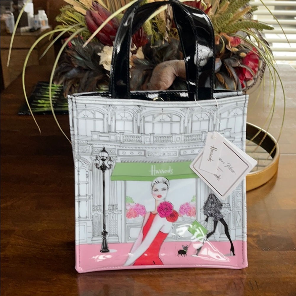 Harrods Black, White, Pink & Green Illustrated Mini Tote